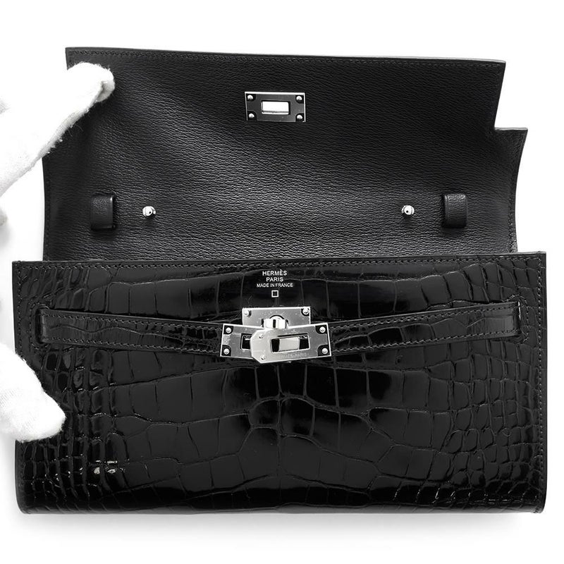 エルメス ケリーウォレット ロング トゥーゴー ブラック/シルバー金具 アリゲーターシャイン B刻印 黒