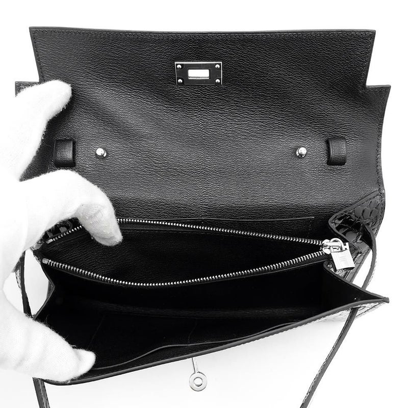 エルメス ケリーウォレット ロング トゥーゴー ブラック/シルバー金具 アリゲーターシャイン B刻印 黒
