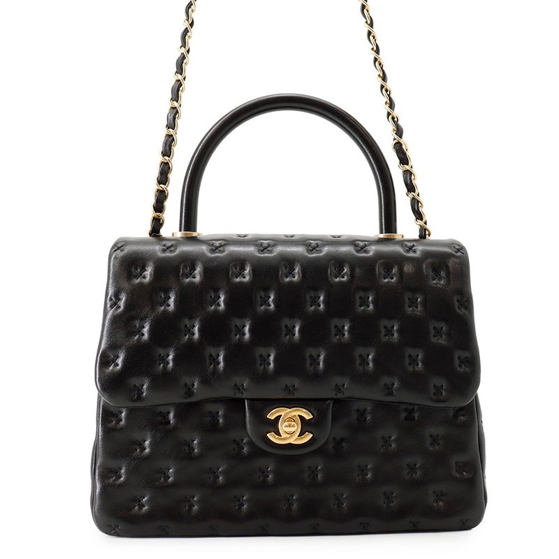 シャネル ハンドバッグ クロスステッチ ココマーク トップハンドル ラムスキン A98724 CHANEL ショルダーバッグ 黒