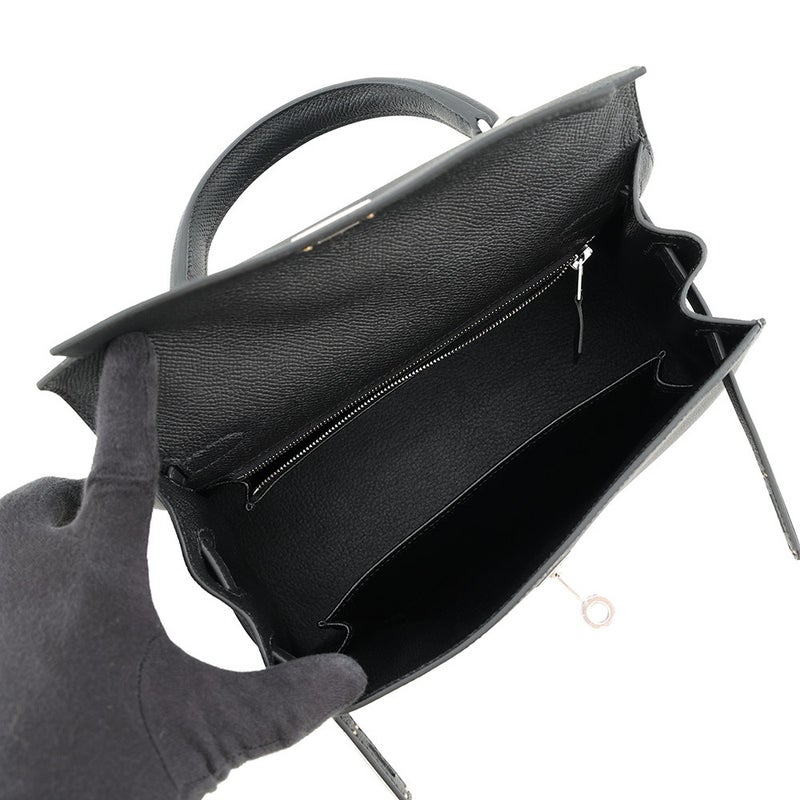 エルメス ハンドバッグ ケリー25 外縫い ブラック/シルバー金具 エプソン G刻印 HERMES Kelly 2wayバッグ 黒