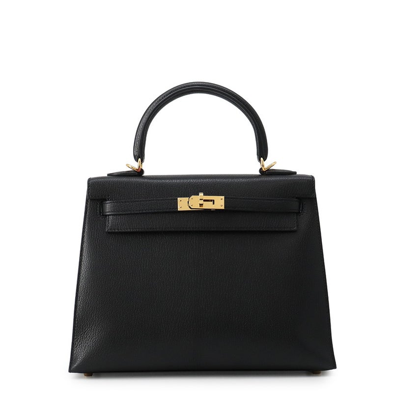 エルメス ハンドバッグ ケリー25 外縫い ブラック/ゴールド金具 シェブルミゾル W刻印 HERMES Kelly 2wayバッグ 黒