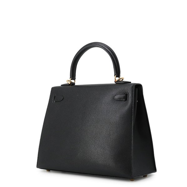 エルメス ハンドバッグ ケリー25 外縫い ブラック/ゴールド金具 シェブルミゾル W刻印 HERMES Kelly 2wayバッグ 黒