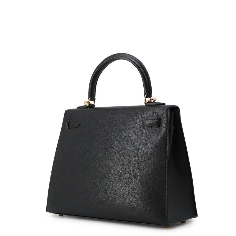エルメス ハンドバッグ ケリー25 外縫い ブラック/ゴールド金具 シェブルミゾル W刻印 HERMES Kelly 2wayバッグ 黒