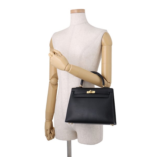 エルメス ハンドバッグ ケリー25 外縫い ブラック/ゴールド金具 シェブルミゾル W刻印 HERMES Kelly 2wayバッグ 黒