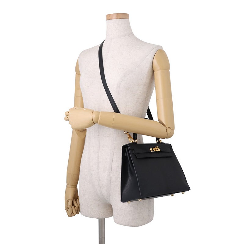 エルメス ハンドバッグ ケリー25 外縫い ブラック/ゴールド金具 シェブルミゾル W刻印 HERMES Kelly 2wayバッグ 黒