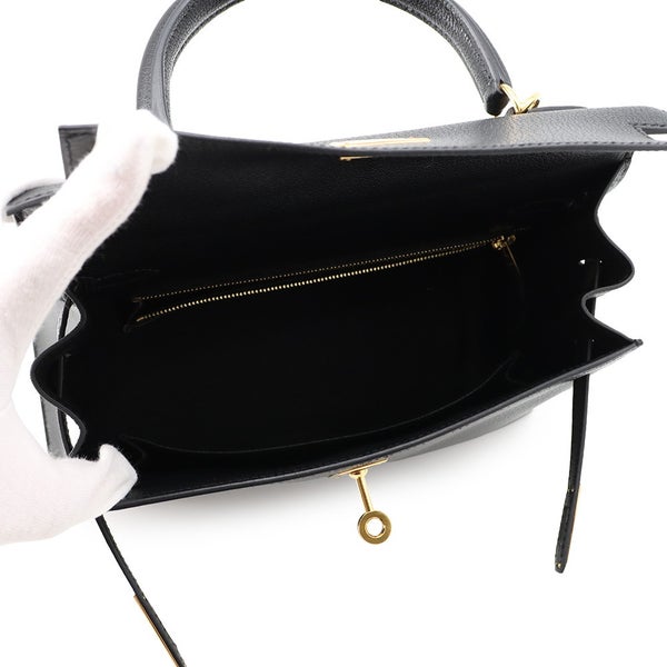 エルメス ハンドバッグ ケリー25 外縫い ブラック/ゴールド金具 シェブルミゾル W刻印 HERMES Kelly 2wayバッグ 黒
