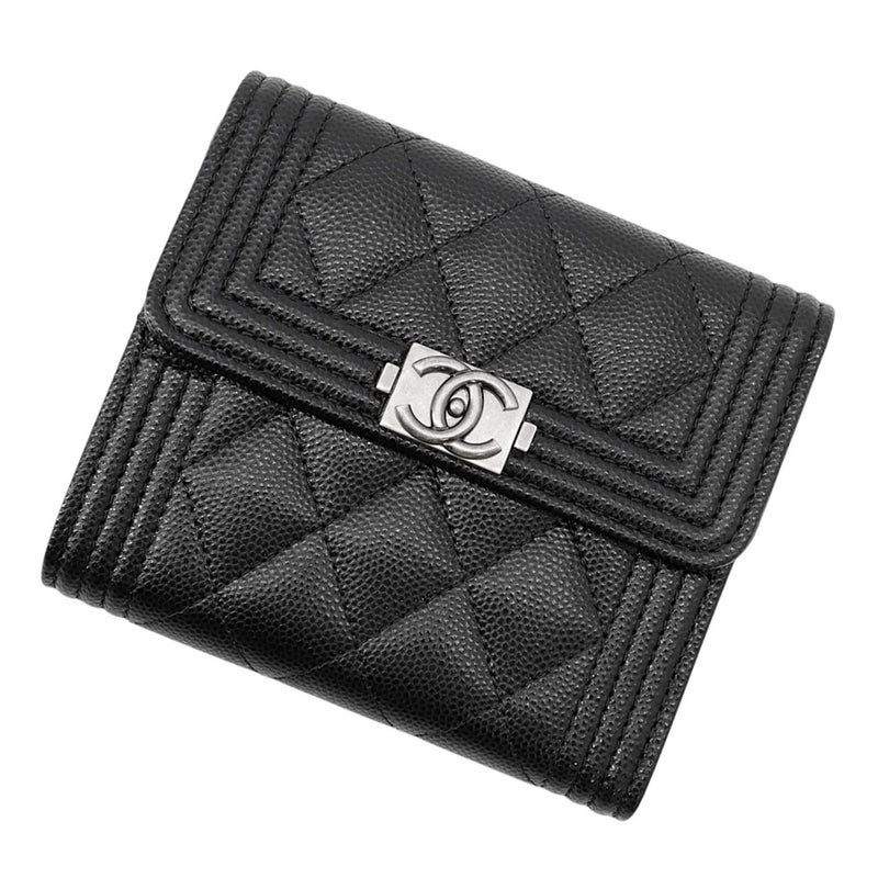 シャネル 三つ折り財布 ボーイシャネル ココマーク マトラッセ ウォレット キャビアスキン A80734 CHANEL 財布 黒