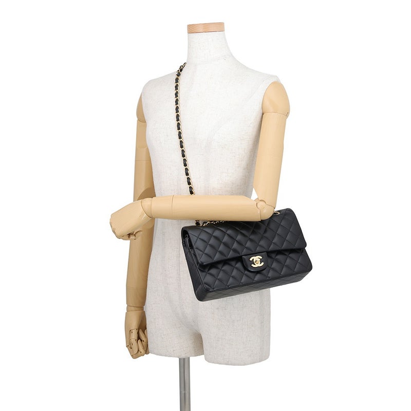 シャネル チェーンショルダーバッグ クラシック マトラッセ25 ココマーク ダブルチェーン ラムスキン A01112 CHANEL 黒