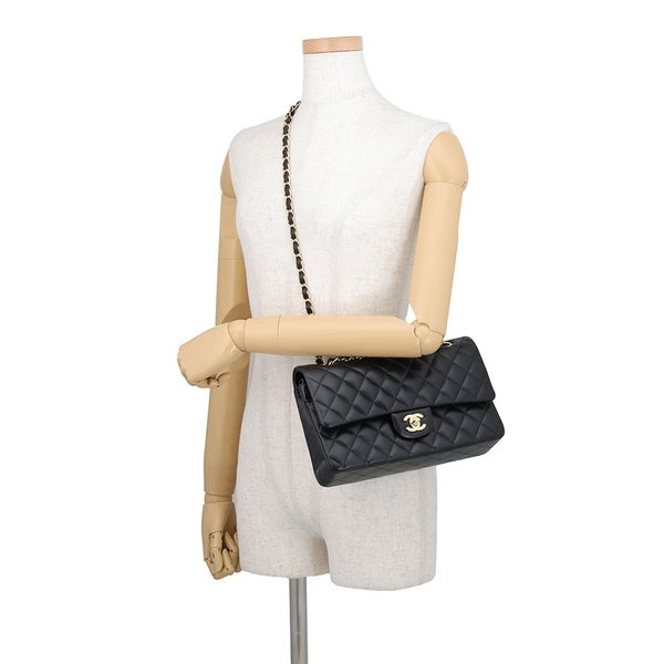 シャネル チェーンショルダーバッグ クラシック マトラッセ25 ココマーク ダブルチェーン ラムスキン A01112 CHANEL 黒