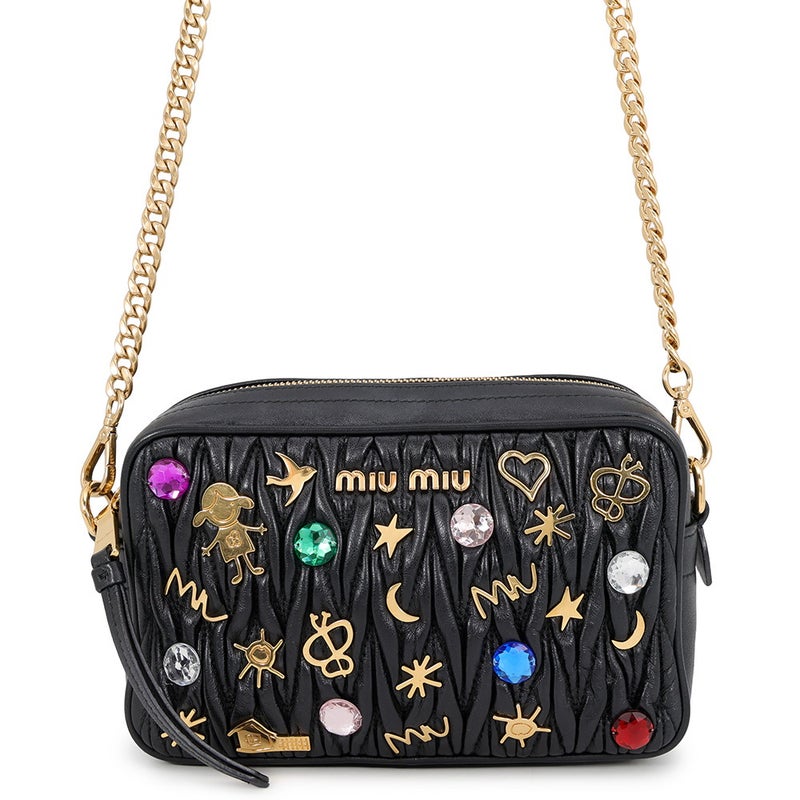 ミュウミュウ チェーンショルダーバッグ マテラッセ ビジュー レザー 5BH118 Miu Miu 黒