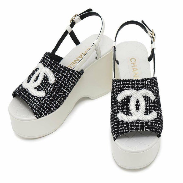 シャネル サンダル ココマーク 厚底 ウェッジソール スパンコール ツイード レディースサイズ36C G45621 CHANEL 靴 黒 白