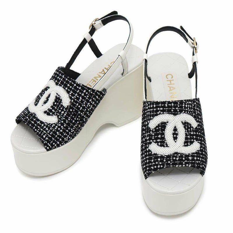 シャネル サンダル ココマーク 厚底 ウェッジソール スパンコール ツイード レディースサイズ36C G45621 CHANEL 靴 黒 白