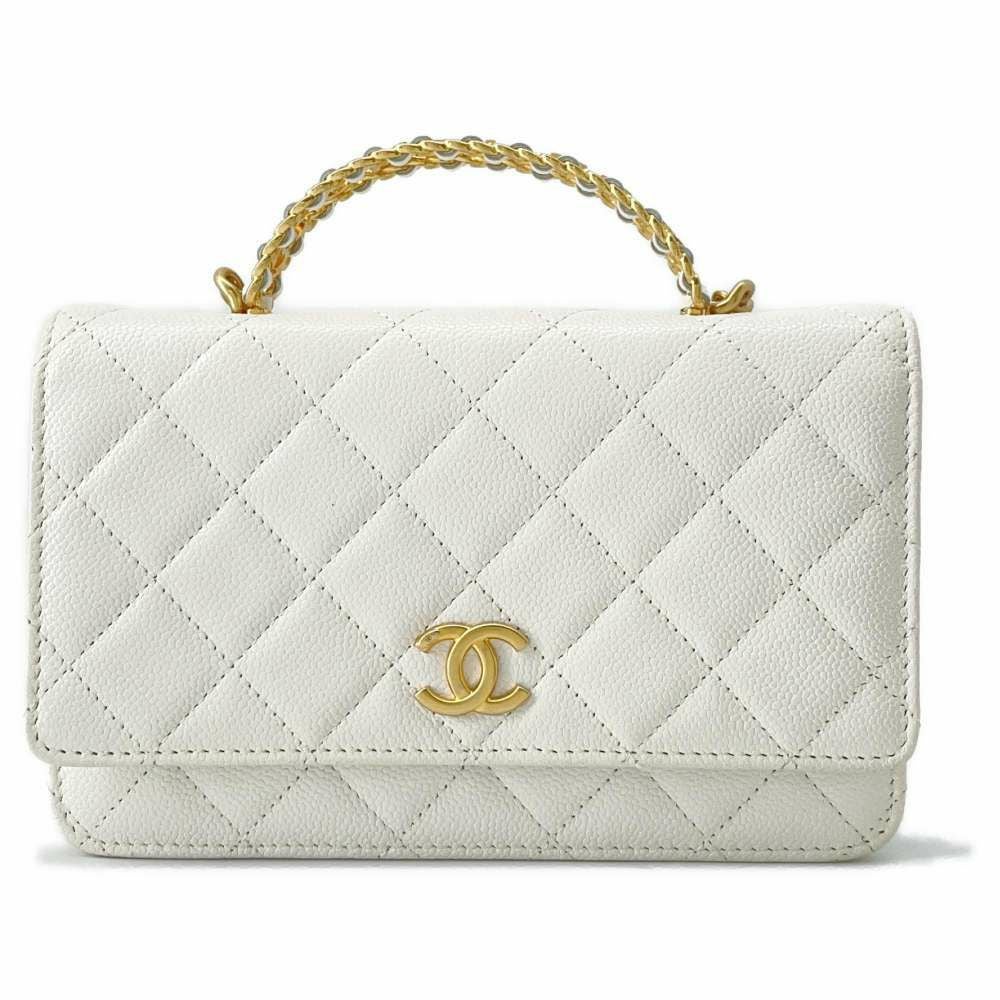 【シャネル】キャビアスキン 折り財布 Wホック チェーンウォレット 白 正規品 CHANEL（シャネル） ショルダーバッグ キャビアスキン マトラッセ WOC