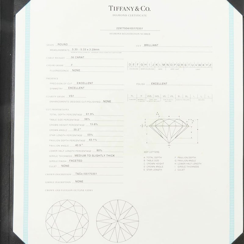 ティファニー ネックレス ソリティア ペンダント ダイヤモンド 0.56ct Pt950プラチナ Tiffany&Co. 鑑定書付き