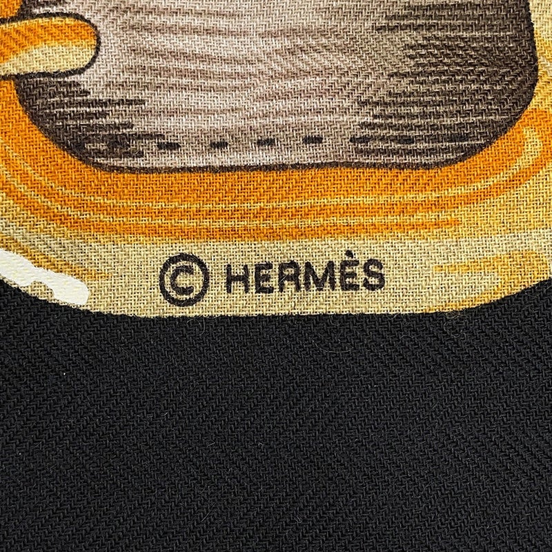 エルメス ストール カレジェアン140 コーチング COATHING カシミヤ シルク HERMES 黒