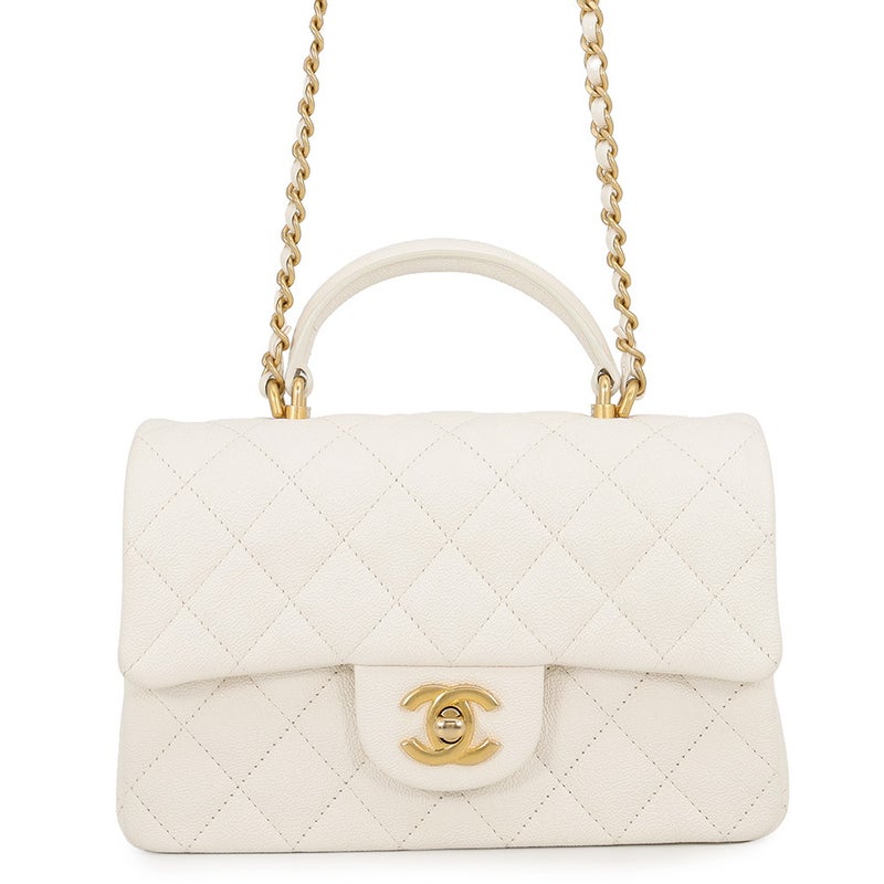 シャネル チェーンショルダーバッグ マトラッセ ココマーク トップハンドル ミニ フラップ キャビアスキン AS2431 CHANEL 白