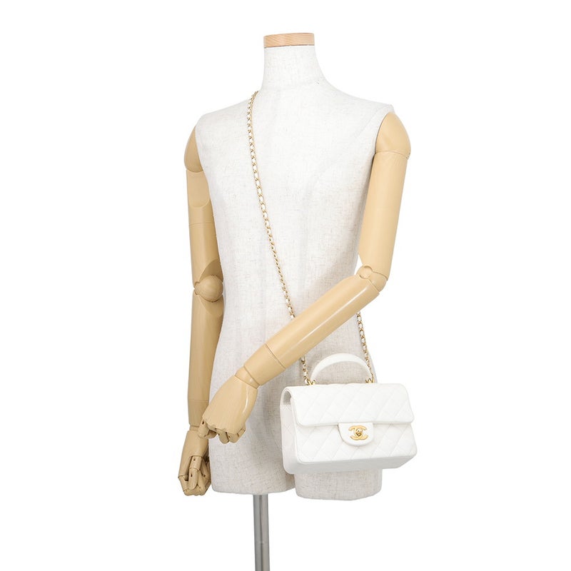 シャネル チェーンショルダーバッグ マトラッセ ココマーク トップハンドル ミニ フラップ キャビアスキン AS2431 CHANEL 白