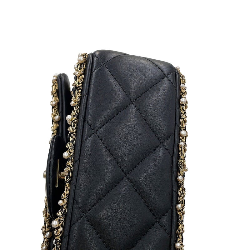 シャネル チェーンショルダーバッグ ミニ マトラッセ ココマーク ラムスキン フェイクパール CHANEL 黒