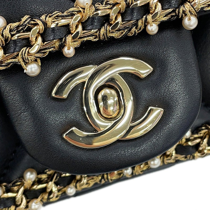 シャネル チェーンショルダーバッグ ミニ マトラッセ ココマーク ラムスキン フェイクパール CHANEL 黒