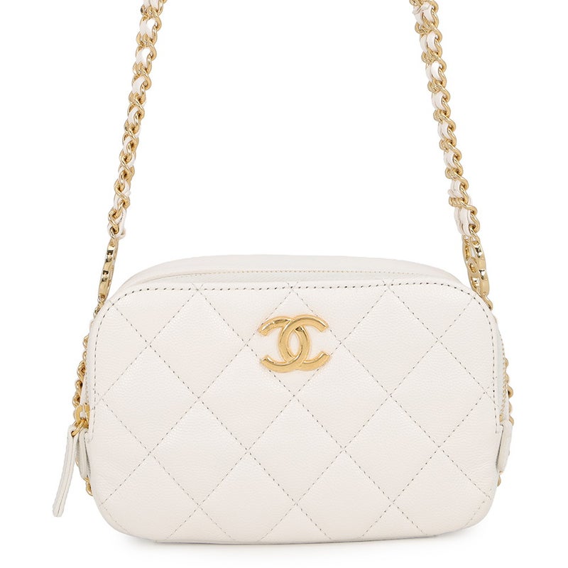 シャネル チェーンショルダーバッグ マトラッセ ココマーク カメラバッグ キャビアスキン CHANEL 白