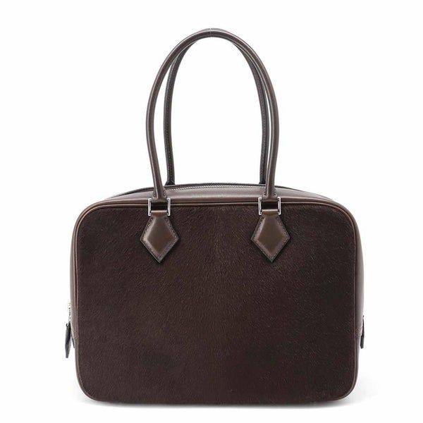 エルメス ハンドバッグ プリュム28 ブラウン/シルバー金具 ハラコ/スイフト □K刻印