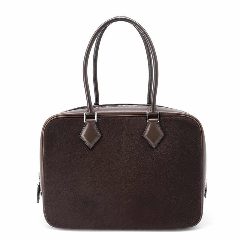 エルメス ハンドバッグ プリュム28 ブラウン/シルバー金具 ハラコ/スイフト □K刻印