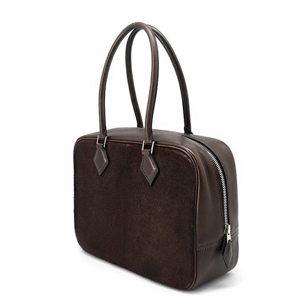 エルメス ハンドバッグ プリュム28 ブラウン/シルバー金具 ハラコ/スイフト □K刻印