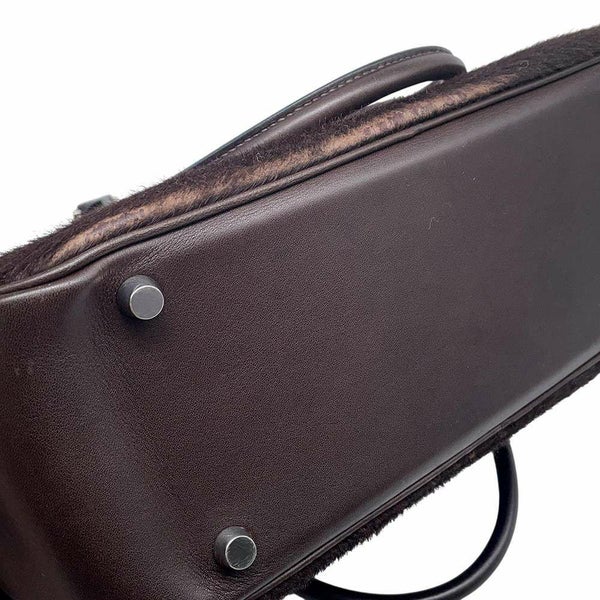 エルメス ハンドバッグ プリュム28 ブラウン/シルバー金具 ハラコ/スイフト □K刻印