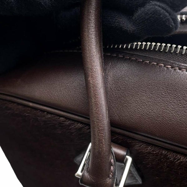 エルメス ハンドバッグ プリュム28 ブラウン/シルバー金具 ハラコ/スイフト □K刻印