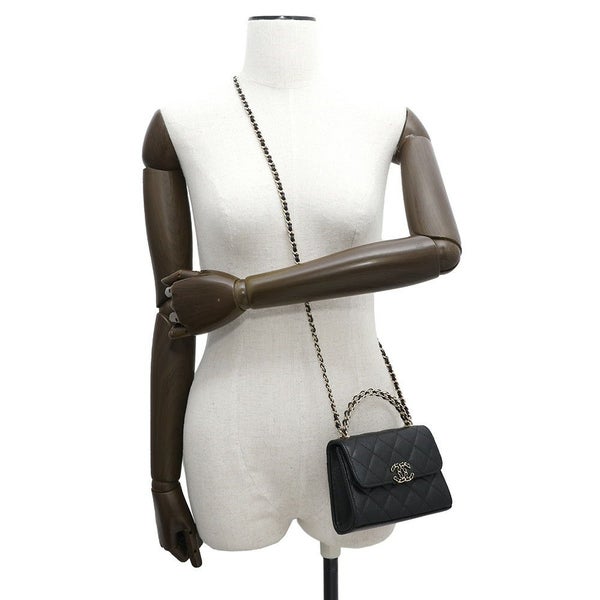 シャネル チェーンショルダーバッグ トップハンドル チェーンクラッチ マトラッセ ココマーク キャビアスキン AP3237 黒