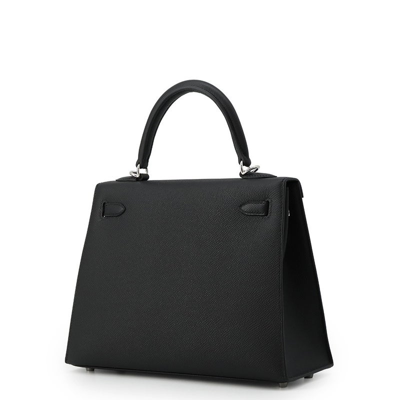 エルメス ハンドバッグ ケリー25 外縫い ブラック/シルバー金具 エプソン G刻印 HERMES Kelly 2wayバッグ 黒