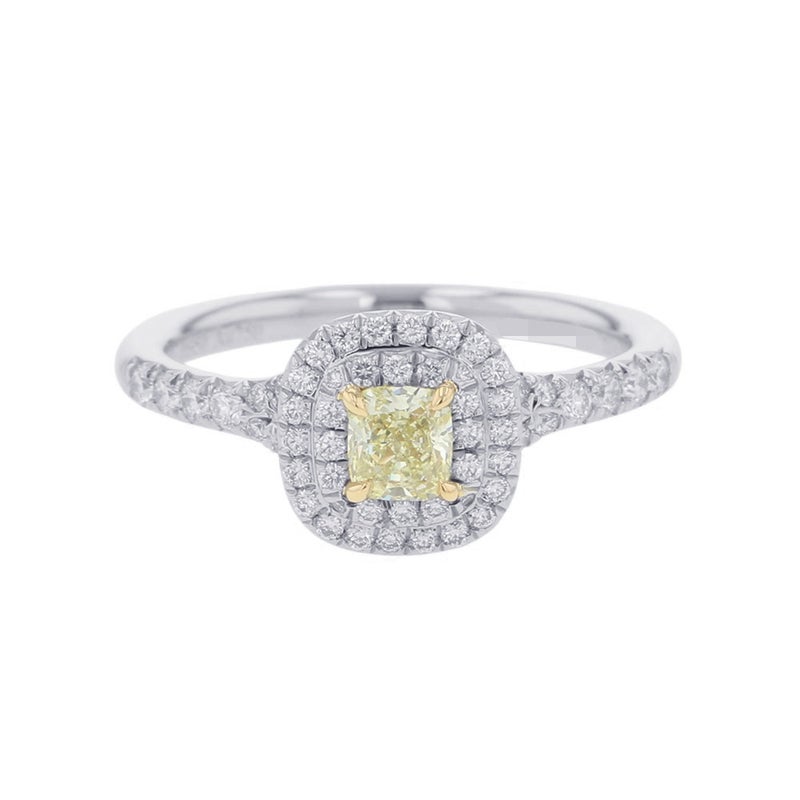 ティファニー リング ソレスト クッションカット ファンシーイエローダイヤ 0.27ct/ダイヤ 0.26ct Pt950/K18YG 約9号 鑑定書付き 指輪