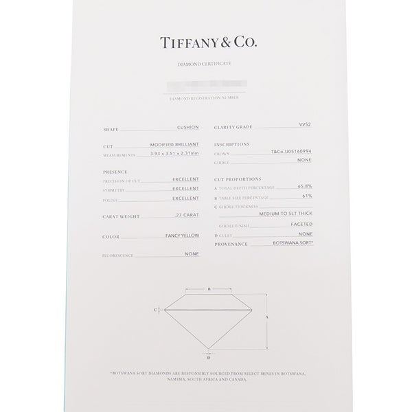 ティファニー リング ソレスト クッションカット ファンシーイエローダイヤ 0.27ct/ダイヤ 0.26ct Pt950/K18YG 約9号 鑑定書付き 指輪