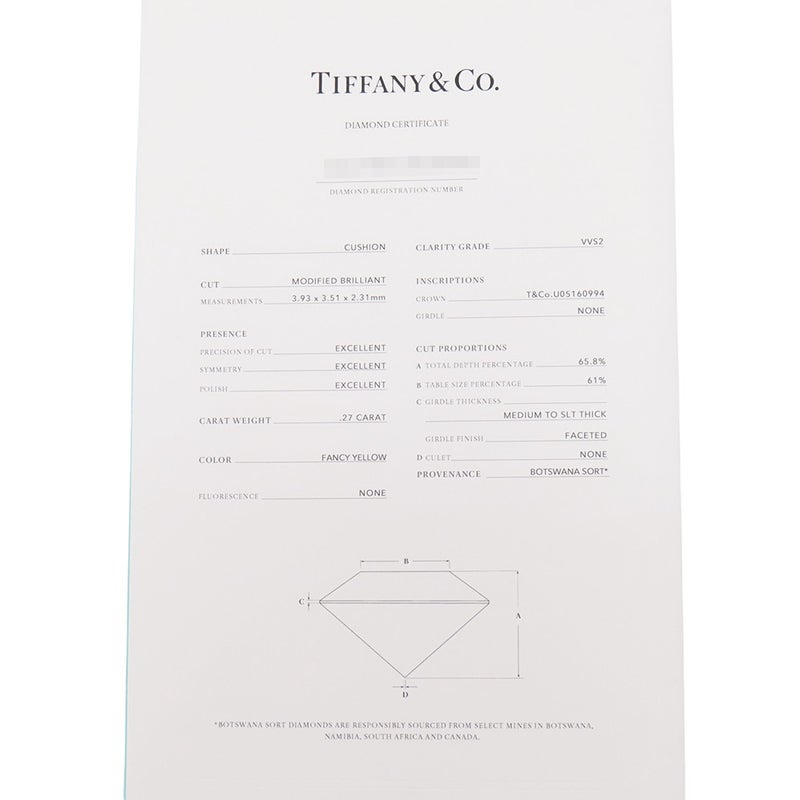 ティファニー リング ソレスト クッションカット ファンシーイエローダイヤ 0.27ct/ダイヤ 0.26ct Pt950/K18YG 約9号 鑑定書付き 指輪