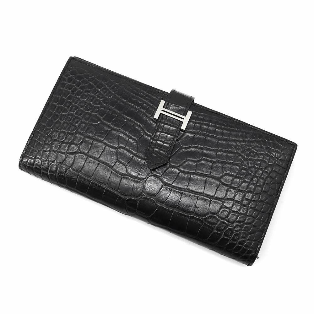 エルメス 長財布 ベアンスフレ ブラック/シルバー金具 アリゲーター