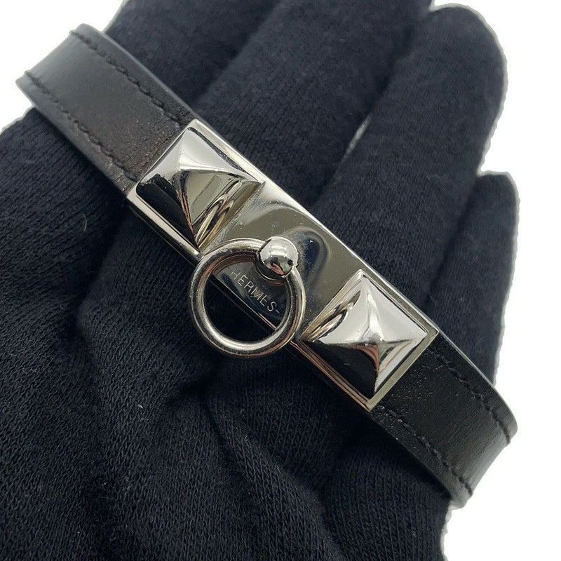 エルメス ブレスレット リヴァル ドゥブルトゥール ブラック/シルバー金具 レザー サイズS A刻印 黒