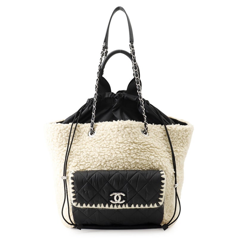 シャネル トートバッグ ココネージュ マトラッセ ココマーク ボア 巾着トート ムートン ナイロン CHANEL 2way 黒