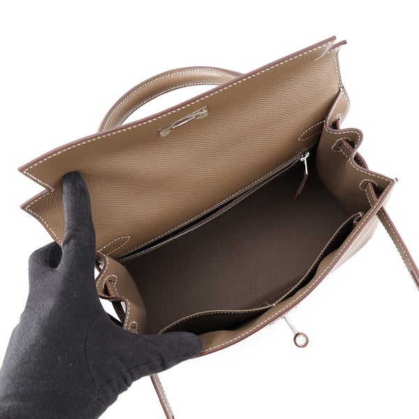 エルメス ハンドバッグ ケリー28 外縫い エトゥープ/シルバー金具 エプソン Y刻印 HERMES Kelly 2wayバッグ
