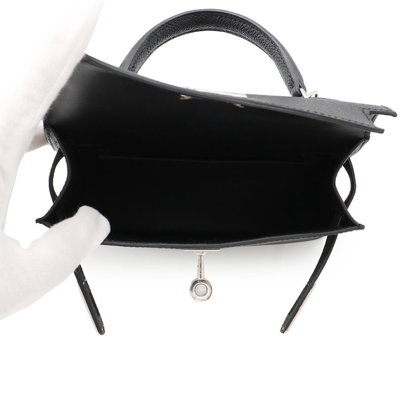 エルメス ハンドバッグ ミニケリー 外縫い ブラック/シルバー金具 エプソン K刻印 HERMES Kelly 2wayバッグ 黒