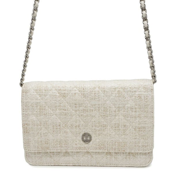 シャネル チェーンウォレット マトラッセ ココマーク ツイード レザー CHANEL 財布 白