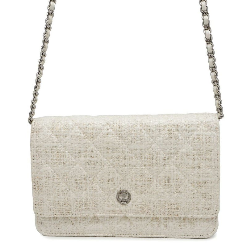 シャネル チェーンウォレット マトラッセ ココマーク ツイード レザー CHANEL 財布 白