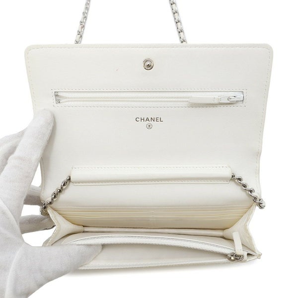 シャネル チェーンウォレット マトラッセ ココマーク ツイード レザー CHANEL 財布 白
