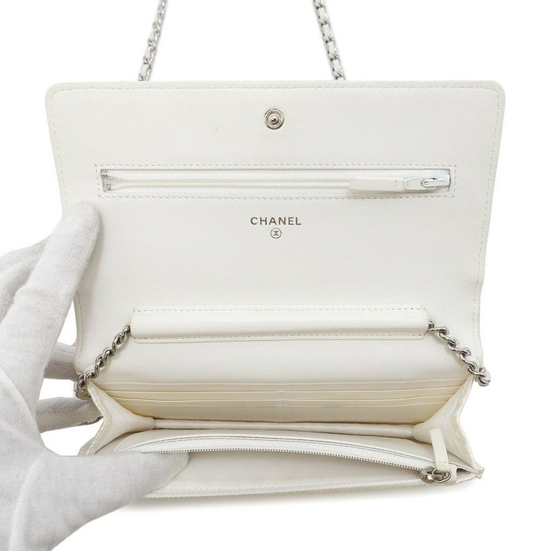 シャネル チェーンウォレット マトラッセ ココマーク ツイード レザー CHANEL 財布 白