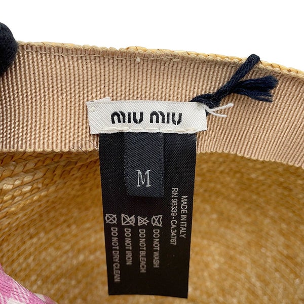 ミュウミュウ キャップ ストローキャップ ストロー シルク サイズM Miu Miu チェック 帽子 白