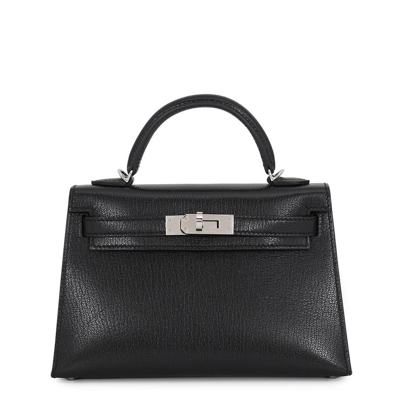エルメス ハンドバッグ ミニケリー2 外縫い ブラック/シルバー金具 シェブルミゾル G刻印 HERMES Kelly 2wayバッグ 黒
