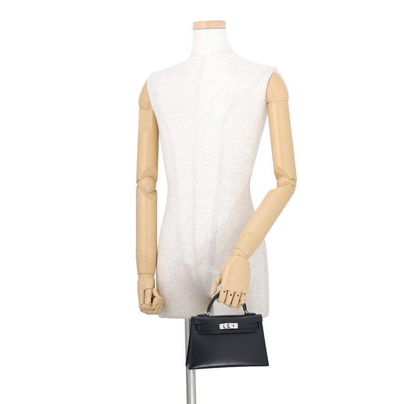 エルメス ハンドバッグ ミニケリー2 外縫い ブラック/シルバー金具 シェブルミゾル G刻印 HERMES Kelly 2wayバッグ 黒