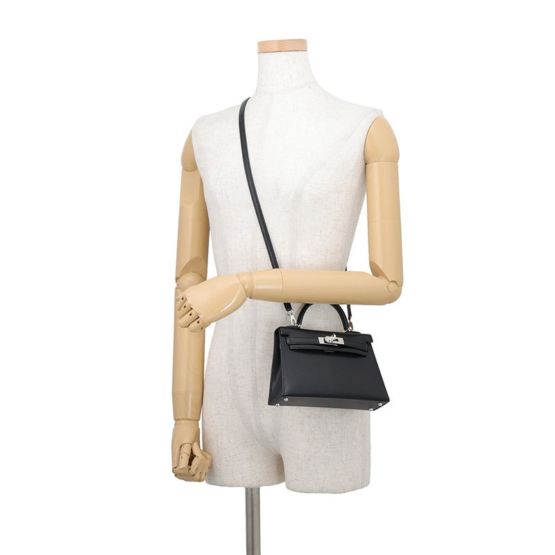 エルメス ハンドバッグ ミニケリー2 外縫い ブラック/シルバー金具 シェブルミゾル G刻印 HERMES Kelly 2wayバッグ 黒