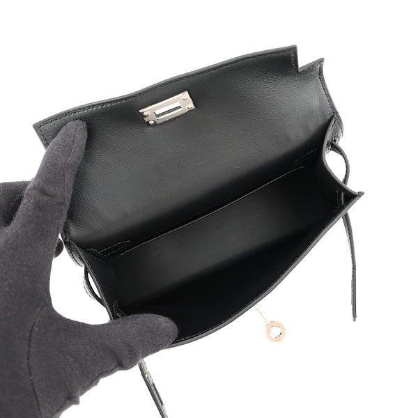 エルメス ハンドバッグ ミニケリー2 外縫い ブラック/シルバー金具 シェブルミゾル G刻印 HERMES Kelly 2wayバッグ 黒