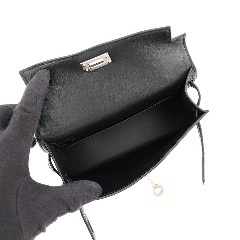 エルメス ハンドバッグ ミニケリー2 外縫い ブラック/シルバー金具 シェブルミゾル G刻印 HERMES Kelly 2wayバッグ 黒