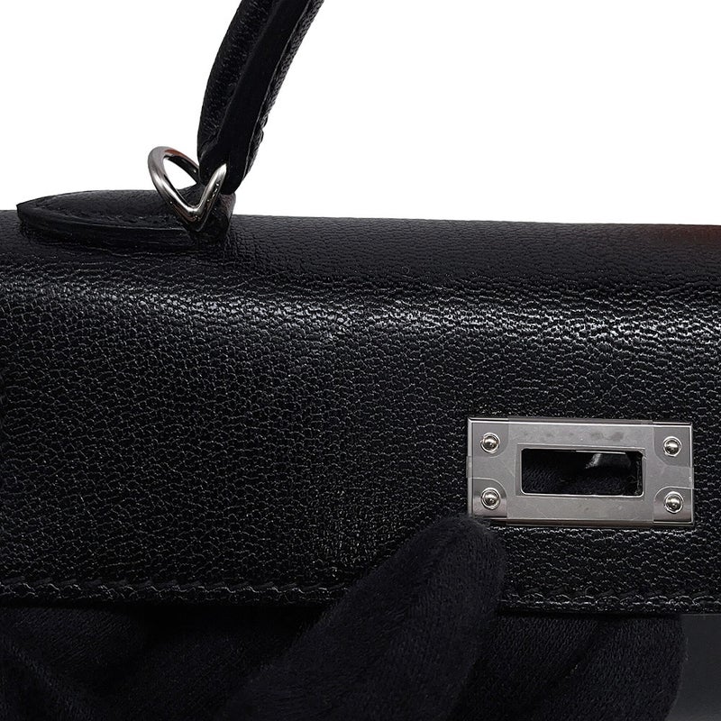 エルメス ハンドバッグ ミニケリー2 外縫い ブラック/シルバー金具 シェブルミゾル G刻印 HERMES Kelly 2wayバッグ 黒